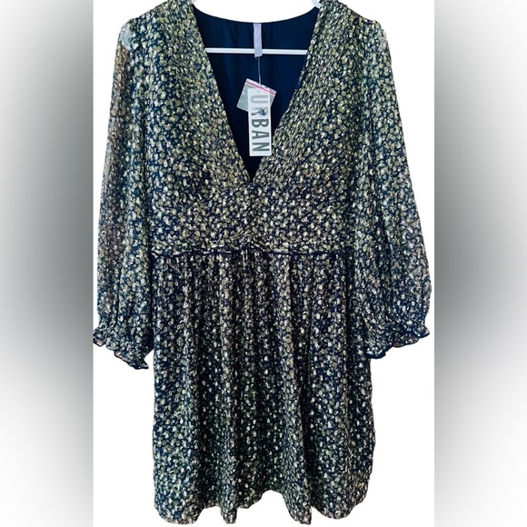 Urban Outfitters Olive Green, Black and Gold Long Sleeve Boho Dress - Med - Picture 6 of 9